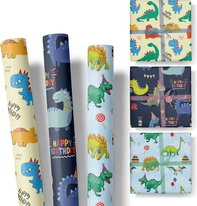 Marke: Ausgewählt verpackt Kinder Dinosaurier Geschenkpapier – 3 Rollen im Set – Happy Birthday – 47 cm breit, 3 m lang — Geschenkverpackung