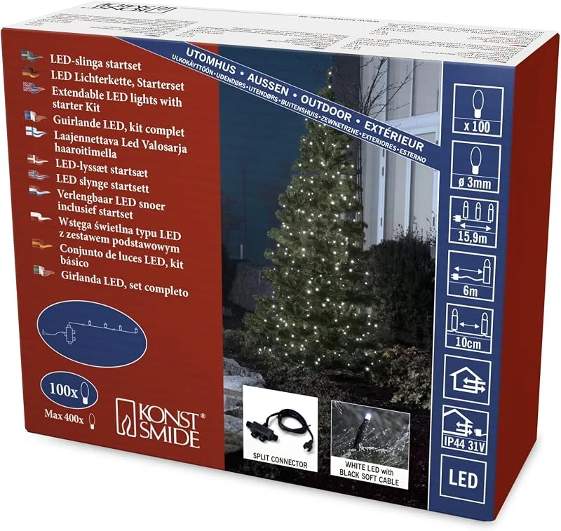 Besuche den Konstsmide-Store Konstsmide Micro LED kompakt System Basis-Set: Lichterkette, Transformator und Verteiler für 4 Ketten, 100 kalt weiße Dioden, 31V Elektronischer Außentrafo (IP44), schwarzes Soft-Kabel - 3956-207 — Weihnachtsbeleuchtung