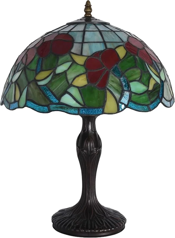 Marke: PALAZZO INT Tiffany Stil Tischlampe „Villa Horta“ • Jugendstil Leuchte mit handgearbeitetem Glasschirm & Blumenmotiv • Bronze-Sockel mit Ornamenten • Romantische Tischleuchte im Antik Stil • Höhe 49 cm • Warmes — Kerzenlicht Abendessen