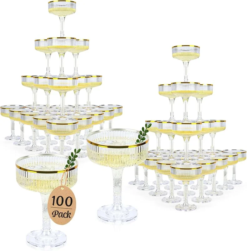Marke: SHIQIKEJIPTY 100 Stück Champagnerturm-Gläser, 142 ml, transparenter Kunststoff, Champagnergläser, Einweg-Martini-Gläser mit Goldrand, stapelbar, klare Champagnerflöten, Cocktail für Hochzeit, Geburtstag, Party — Wein und Festtafel