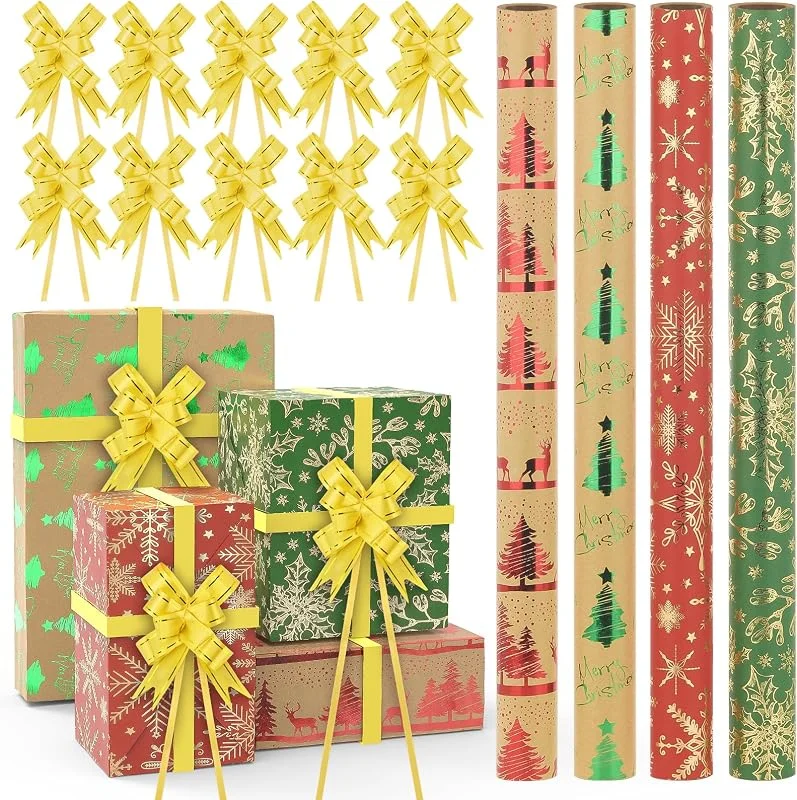 Besuche den AhfuLife-Store AhfuLife Weihnachtsgeschenkpapier, 4 Rollen, Metallic-Gold, Geschenkpapier — Geschenkverpackung
