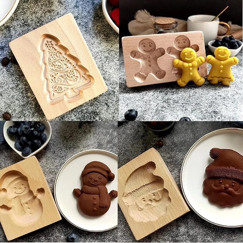 Marke: YingXue Keksformen aus Holz, geschnitzte Keksform für DIY-Backen, 3D-Presse, Lebkuchen-Prägewerkzeug, Weihnachts-Küchen-Backset, 4 Stück — Weihnachtskueche
