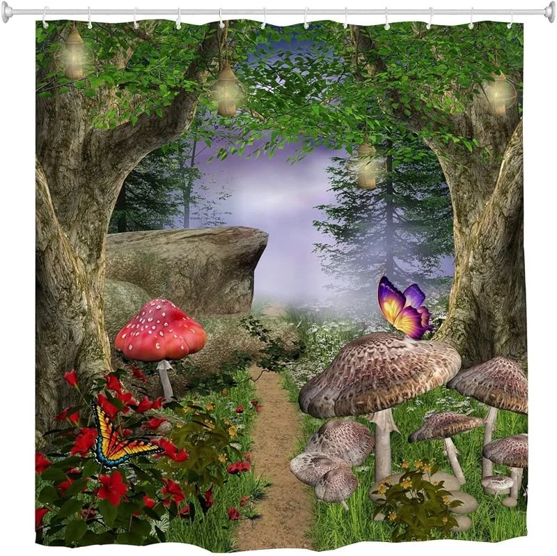 Marke: A.Monamour A.Monamour Duschvorhang Enchanted Magic Forest Pathway Bunte Pilz Schmetterling Märchen-Szene Wasserdichtes Polyester Stoff Duschvorhang Set Mit Haken Für Badezimmer 150x180 cm, 60"x 72" — Geschenkverpackung