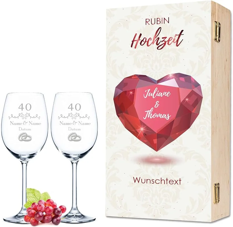 Besuche den GRAVURZEILE-Store GRAVURZEILE Rotweingläser mit Gravur - Rubinhochzeit - inkl. Holzkiste — Wein und Festtafel