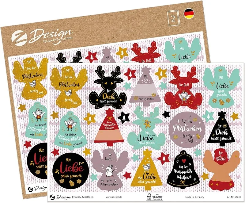 Besuche den AVERY Zweckform-Store AVERY Zweckform 66 Aufkleber Weihnachten Selbstgemacht Sterne (Made in Germany, Weihnachtssticker A5 Bogen Goldprägung, Papier selbstklebend, Weihnachtsdeko Karten, Geschenke, Tüten) 54615 — Geschenkverpackung