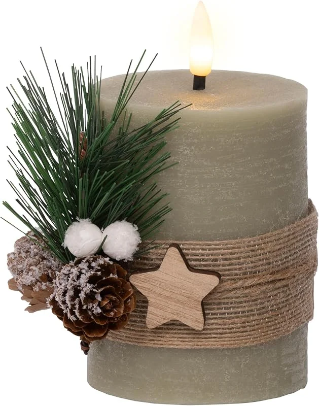 Marke: Lumineo Lumineo LED Kerze mit Timer 7, 5x13cm Wachs - flackernde Flamme Effekt - Echtwachskerze Adventskerze batteriebetrieben - Weihnachtskerze Rustik Grün, Warmweiß — Kerzenlicht Abendessen