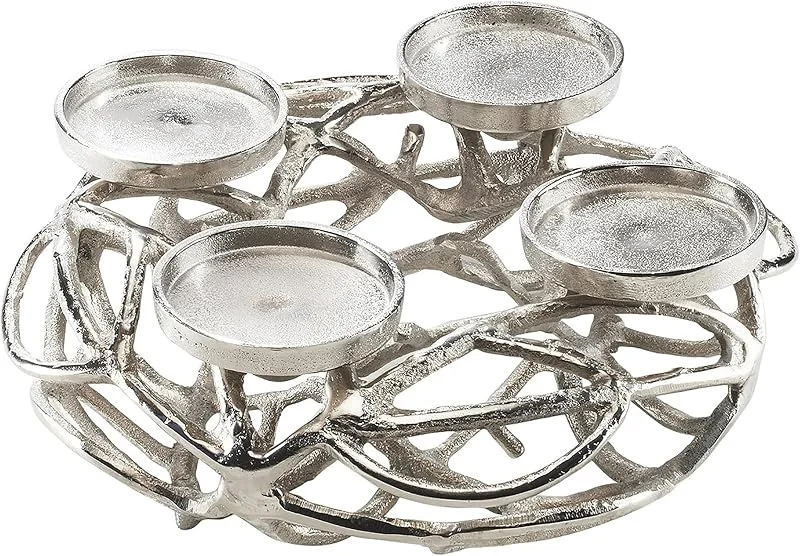 Besuche den Kobolo-Store Kobolo Dekokranz aus silbernem Metall für 4 Stumpenkerzen, stilvoller Kerzenhalter Ø 7, 5 cm, handgefertigt, ideal als Adventskranz oder ganzjährige Tischdeko im modernen Landhausstil — Kerzenlicht Abendessen