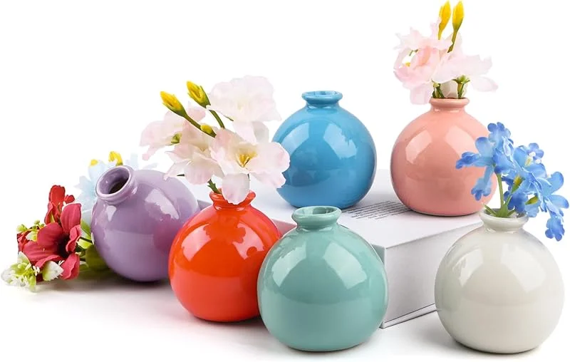 Marke: Artmitz Keramikvase und künstliche Blumen, 6 er-Set, farbenfrohes Knospenvasen-Set zur Tischdekoration für Hochzeitsfeiern und Heimdekoration (2, 5 cm Flaschenöffnung) — Wein und Festtafel