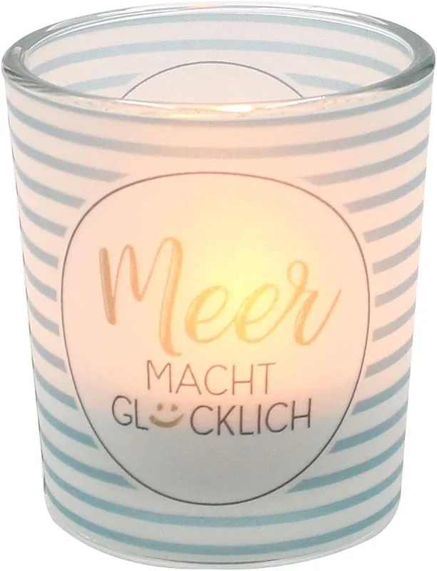 Besuche den Dekohelden24-Store Windlichtglas mit Motiv auf Einer transparenten Banderole, inkl. 1 Teelicht, H, Ø: 6, 5 x 6 cm, Motiv: Meer Macht Glücklich. — Kerzenlicht Abendessen