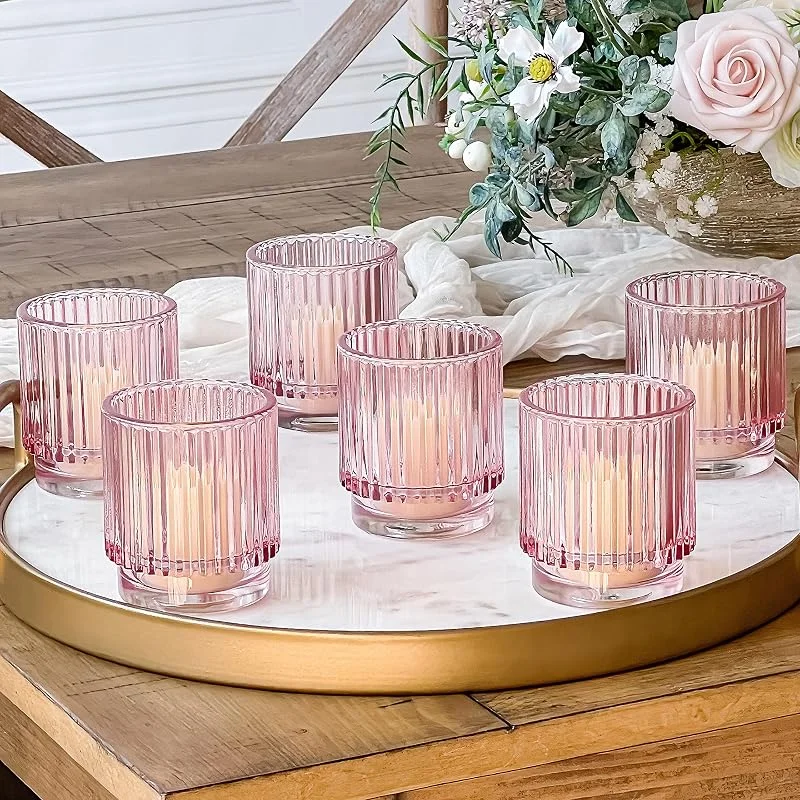 Marke: Kate Aspen Kate Aspen Teelichthalter aus geripptem Glas, 6 Stück, rosa Dekor, Boho-Dekor, Regaldekoration, Roségold-Optik, perfektes Gastgebergeschenk — Kerzenlicht Abendessen