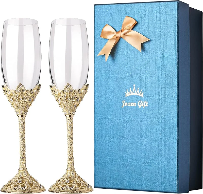 Marke: Jozen Gift Gold Champagnerflöten Set mit 2 Kristallgläsern Metallsockel mit Kristallsteinen, Set mit 2 Toastflötenpaar, Hochzeitstag, Party, Geburtstag, Geschenke für Braut und Bräutigam, 7 Unzen — Wein und Festtafel