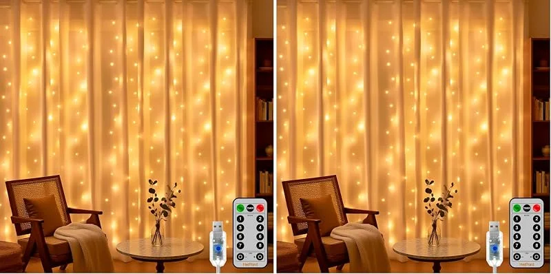 Besuche den HeiPard-Store HeiPard LED Lichtervorhang Innen 3x3m, 300 LEDs Lichterkettenvorhang USB Warmweiß, Vorhang Lichterkette Innen mit 8 Modi Timer Fernbedienung für Weihnachts Deko Hochzeit Party Fenster (Packung mit 2) — Weihnachtsbeleuchtung