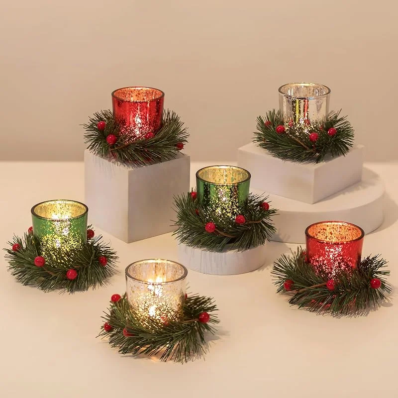 Besuche den Romadedi-Store Romadedi Votivkerzenhalter Weihnachtsdekoration – Set mit 6 Quecksilberglas-Teelichthaltern mit Kranzring für Teelicht, Kaffee, Esstisch, Tafelaufsatz, Innendekoration, Heimparty — Kerzenlicht Abendessen
