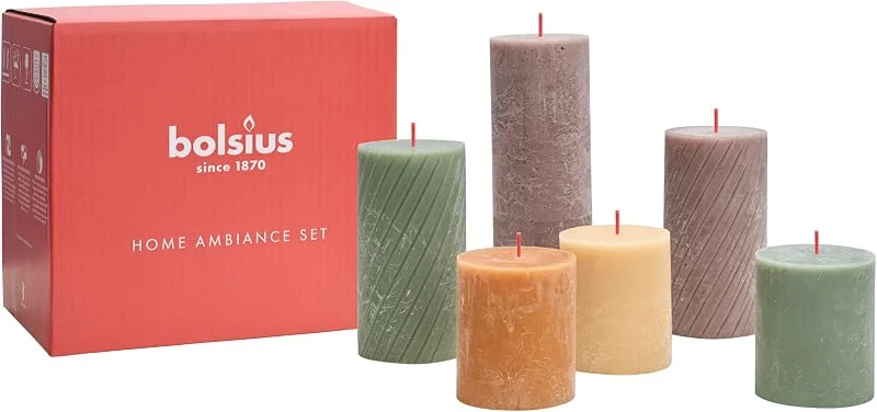 Besuche den bolsius-Store Bolsius Rustik Stumpenkerzen - Geschenk Set 6 Stück - Nature - Dekorative Haushaltkerzen - Länge Brenndauer - Unparfümierte - Natürliches Pflanzenwachs - Ohne Palmöl — Kerzenlicht Abendessen