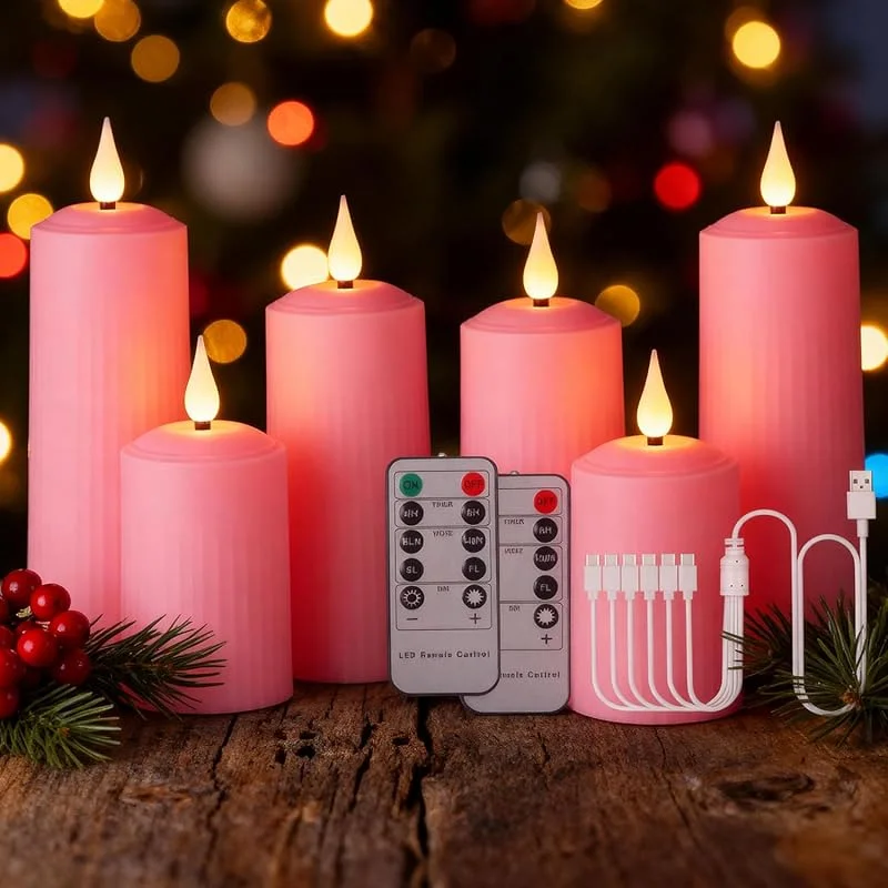 Besuche den Porashine-Store Poraschine Wiederaufladbare LED Kerzen mit 10-Tasten Fernbedienung, Outdoor Wasserdichte Flammenlose Kerzen mit 6, 8H Timer, Römische Stumpenkerze im 3, 6er Set Elfenbein, Type-C (rosa-6er) — Kerzenlicht Abendessen