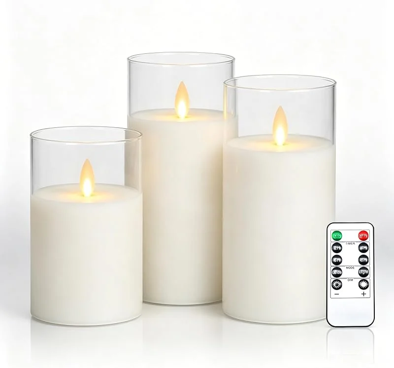 Besuche den Da by-Store Da by 3 Stück Elfenbein Paraffin LED Kerzen mit Glasabdeckung, Realistische Schwingflamme, Batteriebetriebene Dekokerzen mit Fernbedienung, Wiederverwendbar für Innen- und Festdekoration — Kerzenlicht Abendessen