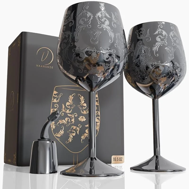 Marke: vaanshie Muttertagsgeschenk für Mama - Set mit 2 glänzenden schwarzen Edelstahl-Weingläsern, 480 ml, gravierte Kelche mit Flaschenverschluss, unzerbrechliche elegante Weinbecher, Geschenk für Frauen — Wein und Festtafel