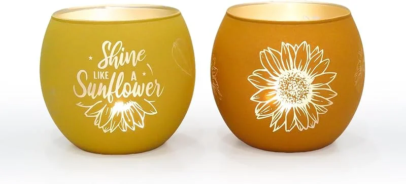 Marke: GEHEIMON Sonnenblumen Deko Glas Teelichthalter 2er Set - Shine Like a Sunflower Inspirierende Geschenke für Frauen, Mama & Freundin - Gelbe Tischdeko für Sommer & Herbst - Windlicht Kerzenhalter — Kerzenlicht Abendessen
