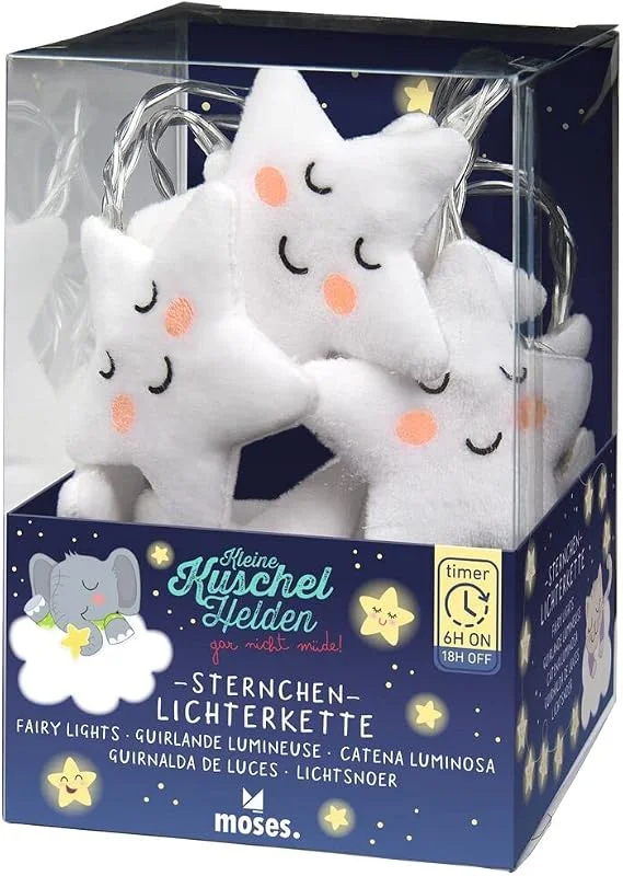 Besuche den moses-Store moses. Kleine Kuschelhelden Sternchen-Lichterkette, warmweiße LED-Lichterkette mit Sternen für Kinder, batteriebetrieben, Timerfunktion, 1, 6 m Länge — Weihnachtsbeleuchtung