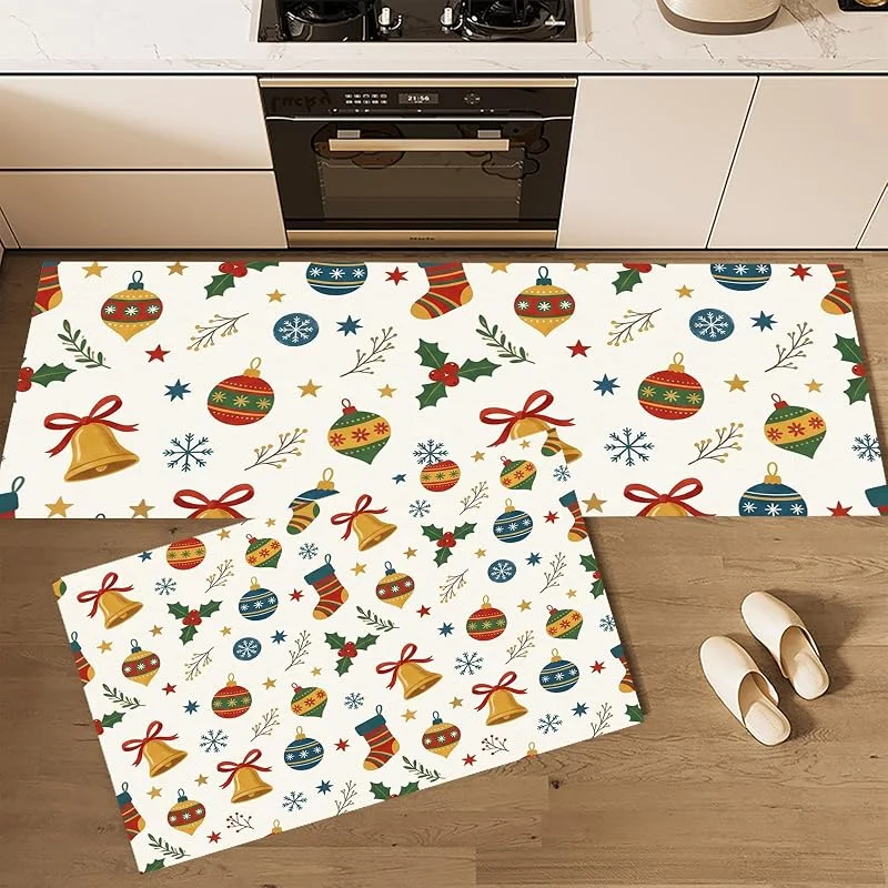 Marke: JEDTAKCT Weihnachtsmotiv Im Cartoon-Stil Rutschfeste Küchenteppich Set 2 Stück, Beige Anti Ermüdungs Läuferteppiche, Glocken Sterne Weihnachtsstrümpfe Waschbare Fußmatten Für Küche Wäscheraum 44X75+44X120 — Küche & Haushalt