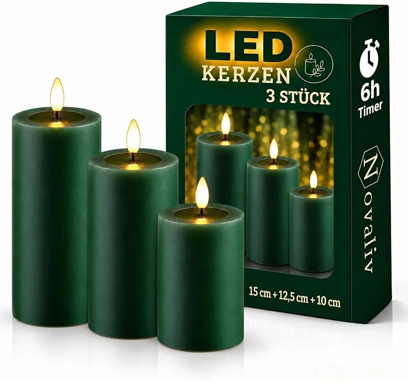 Besuche den Novaliv-Store 3er Set Led Kerzen flackernde Flamme mit Echtwachspiegel grün 7, 5cm ø 1x 15 cm, 1x12, 5 cm, 1x10 cm Höhe, LED Kerzen mit Timerfunktion, 2 AA Batterien nötig, LED Echtwachs Stumpenkerzen warmweiß — Advent und Tisch
