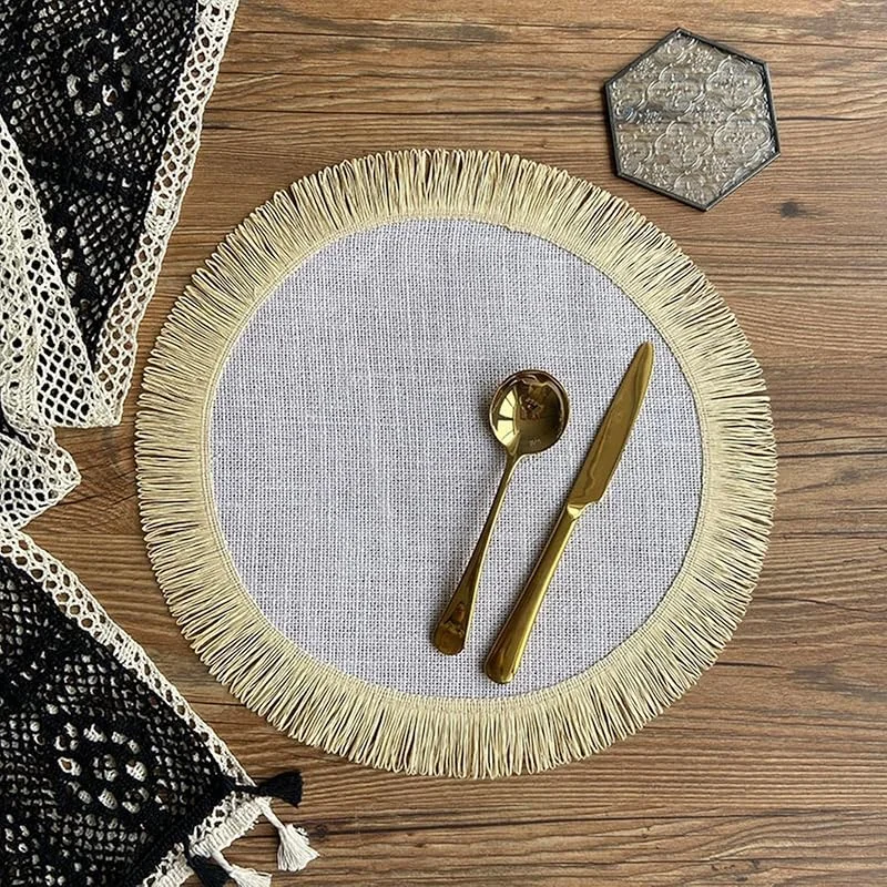 Besuche den Epinki-Store Epinki Tischset Stoff Abwaschbar Rund, 2Pcs Set Leinen Platzdeckchen Natur Einfarbig mit Quaste Hitzebeständige, Tischuntersetzer Waschbar Grau Weiß für Restaurant Speisetisch, 38CM — Küche & Haushalt