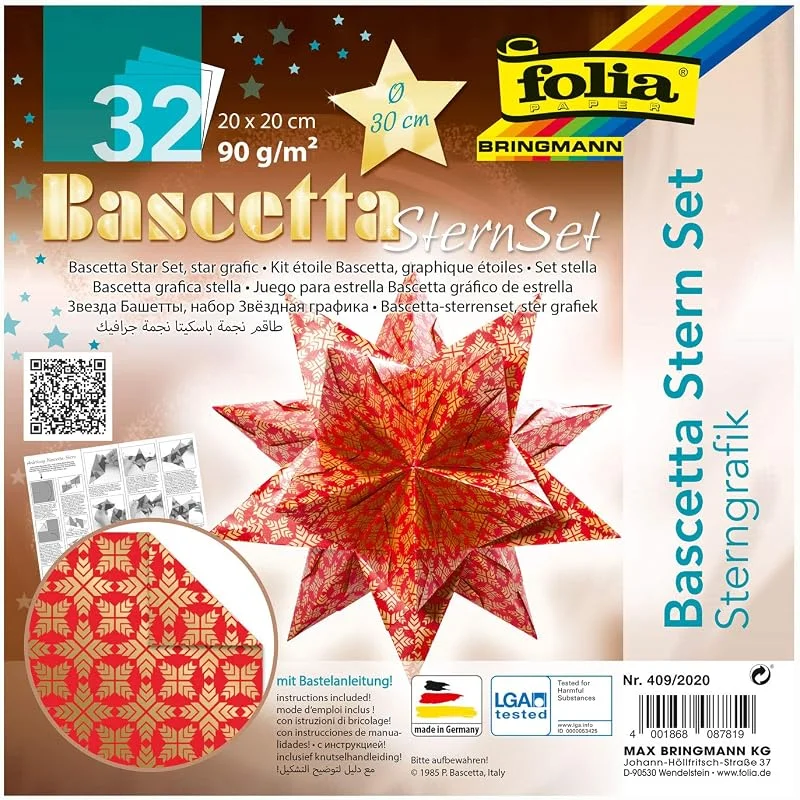 Besuche den folia-Store folia 409, 2020 - Bastelset Bascetta Stern Sterngrafik rot, gold, 32 Blatt, 20 x 20 cm, fertige Größe des Papiersterns ca. 30 cm, mit ausführlicher Anleitung - ideal zur zeitlosen Dekoration — Weihnachtsdeko