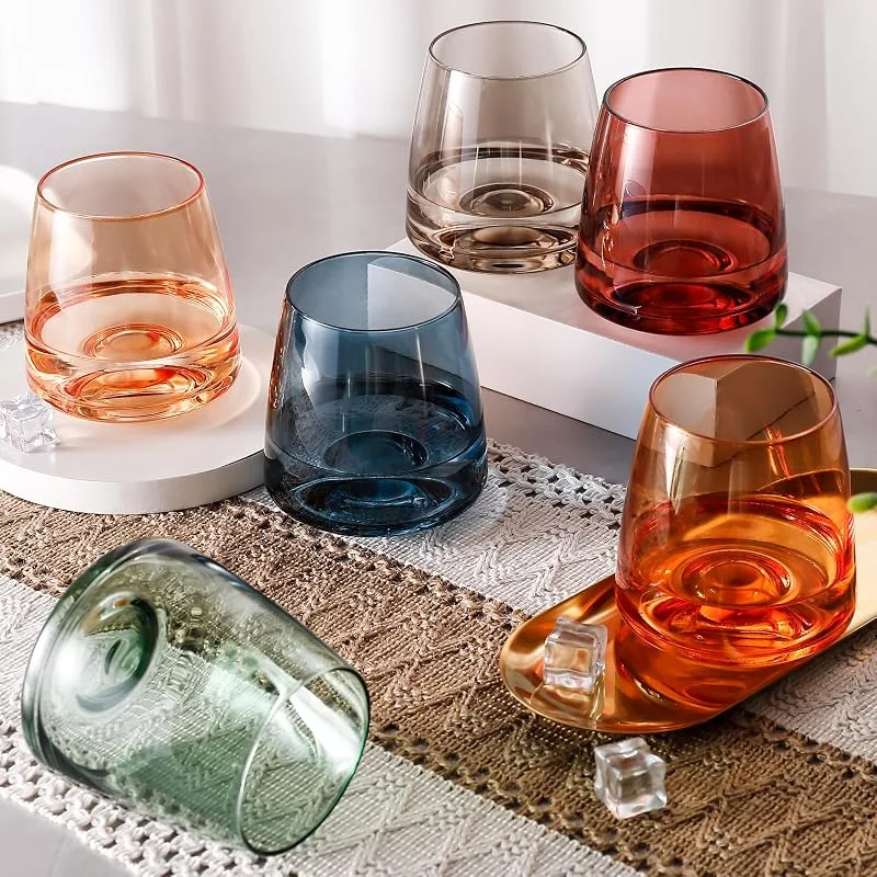 Marke: CLUSIVC Weingläser ohne Stiel, mundgeblasen, farbig, kurz, bunt, bleifrei, lichtecht, Party, Stiellos, einzigartiges Geschenk für Hochzeit, 6 Stück — Wein und Festtafel
