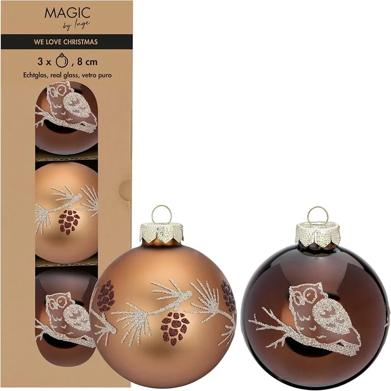 Besuche den Inge-glas-Store Weihnachtskugeln Glas 8cm 3er Set matt & glänzend mit Eule Zweig Zapfen Motiv Christbaumkugeln Weihnachtsbaumkugeln Christbaumschmuck Weihnachtsbaumschmuck Winterdeko Braun Beige Mix - Elegant Lounge — Weihnachtsdeko