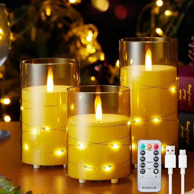Besuche den EXTSUD-Store EXTSUD 3 Stück LED Kerzen mit Lichterkette und Timer Aufladbare LED Kerzen mit Fernbedienung Flammenlose Led Acryl Kerzen für Wohnung Dekoration Weihnachten Geburtstag Party — Weihnachtsbeleuchtung