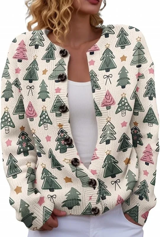 Marke: Qixiu Christmas Sweater for Women Cute Funny Xmas Open Front Button Down Cardigans Fall Winter Long Sleeves Knitted Coat Sweater — Weihnachtsmode