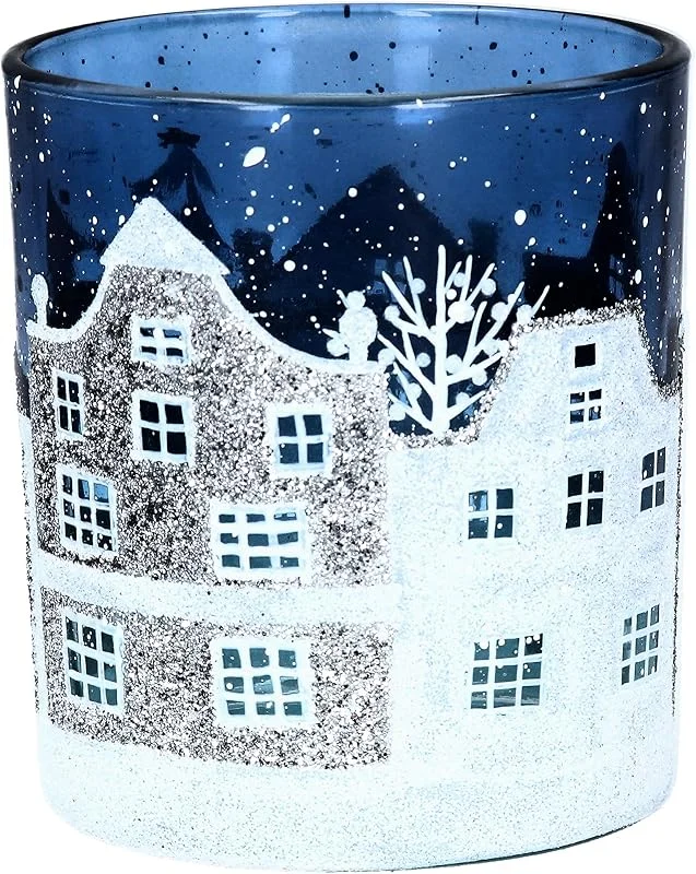 Marke: Gisela Graham Gisela Graham Teelichthalter aus Glas, Weihnachtsstraßenszene, Blau und Weiß — Advent und Tisch