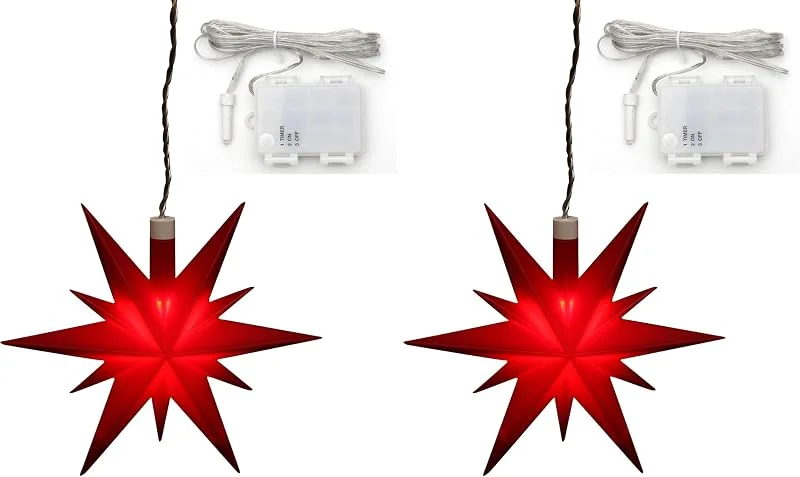 Besuche den Dekohelden24-Store ***Weihnachtsstern aus Kunststoff in rot, für Innen und Außen geeignet, inkl. LED Beleuchtung und 6h Timer, für Batteriebetrieb. Maße L, B, H: 13, 5 x 5, 5 x 12 cm. (Packung mit 2) — Weihnachtsdeko