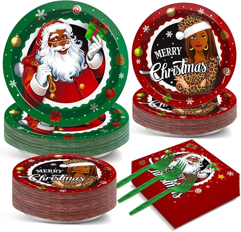 Marke: QOUBAI QOUBAI 200 Stück schwarze Weihnachtsmann-Partyteller und Servietten, Frohe Weihnachten, Partyzubehör, afrikanisches Weihnachtsgeschirr-Set, Feiertagsessen, Dessert-Dekorationen für Jungen und Mädchen — Advent und Tisch
