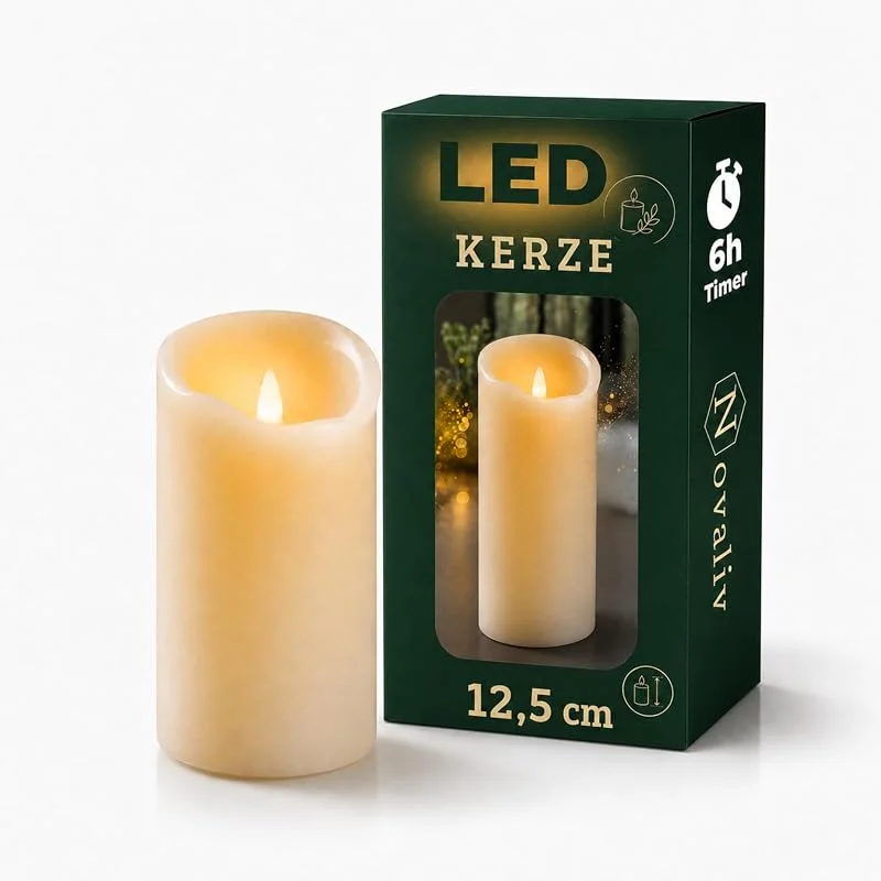 Besuche den Novaliv-Store Novaliv Mittlere LED Stumpenkerze mit Timer - 7, 5cm Durchmesser 12, 5cm Höhe - 2 AA Batterien nötig LED Echtwachskerze mit Flackereffekt flammenlose Stumpenkerze - LED Kerze mittel dick — Advent und Tisch