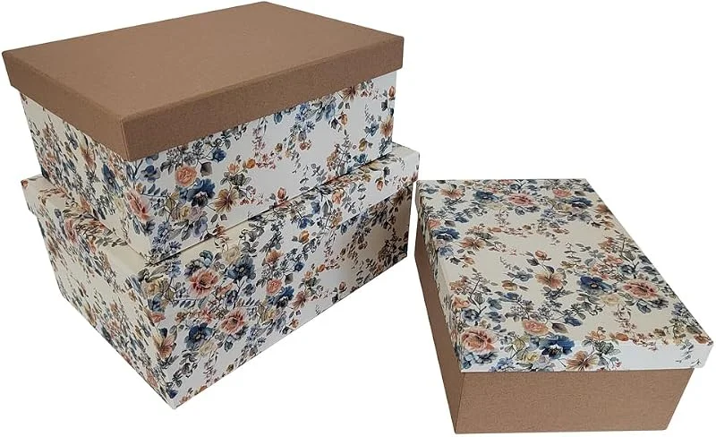 Marke: 2474U 3er-Set Geschenkboxen - PapeRoom - rechteckig, naturbraun mit Blumenmuster — Geschenkverpackung
