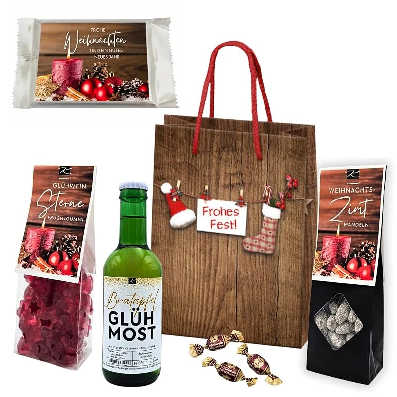 Besuche den Handelsagentur Kasberger-Store Geschenkset „Frohes Fest“ Tasche klein – Feinkost Geschenk mit Bratapfel-Glühmost, Mandeln, Waffeln & Glühwein-Süßwaren – Genusswelten Kasberger Weihnachtspräsent — Wein und Festtafel
