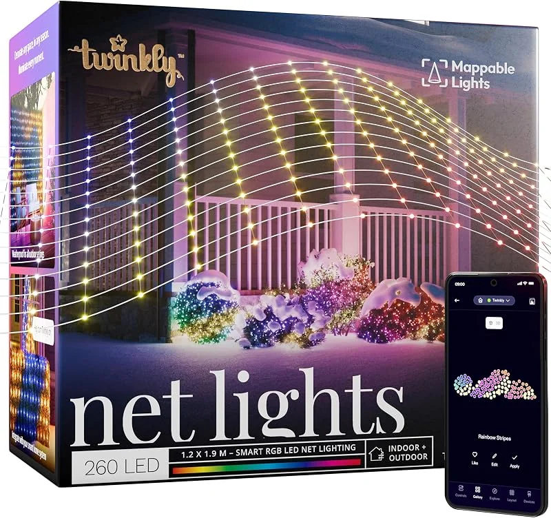 Besuche den Twinkly-Store Twinkly Netzlichter, Flexibles LED-Gitter mit 260 RGB-LEDs, Lichtstreifen für Drinnen und Draußen, Kompatibel mit Alexa, Google Home, IP44, App-Steuerung, Transparentes Kabel, 1, 2 m x 1, 9 m — Weihnachtsbeleuchtung