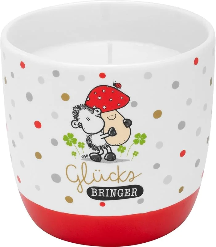 Marke: Sheepworld Sheepworld Kerze mit Motiv "Glücksbringer", Duftkerze mit Vanille-Duft, im Porzellanbecher, Höhe 8 cm, Geschenk, Glücksbringer, Silvester, 70099 — Kerzenlicht Abendessen