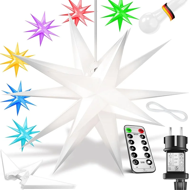 Besuche den KESSER-Store KESSER® 60cm Leuchtstern 3D, LED Weihnachtsstern mit Fernbedienung Farbwechselmodus Timer für innen und außen, Adventsstern Beleuchtet hängend Bunt Stern + Warmweiß Licht — Weihnachtsbeleuchtung
