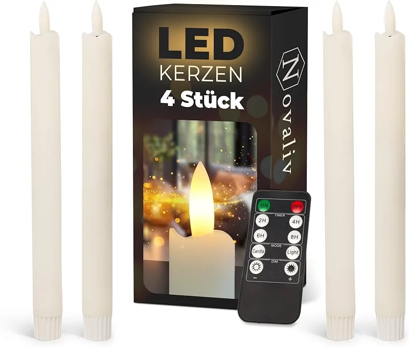 Besuche den Novaliv-Store Stabkerzen LED mit Timer WEISS 4 Stück WEISS indoor - 6 Stunden - ECHTWACHS 23cm Höhe für Kerzen 2, 2cm Durchmesser 2 AAA Batterien notwendig LED Stabkerzen flackernde Flamme bewegliche Flamme Licht — Advent und Tisch