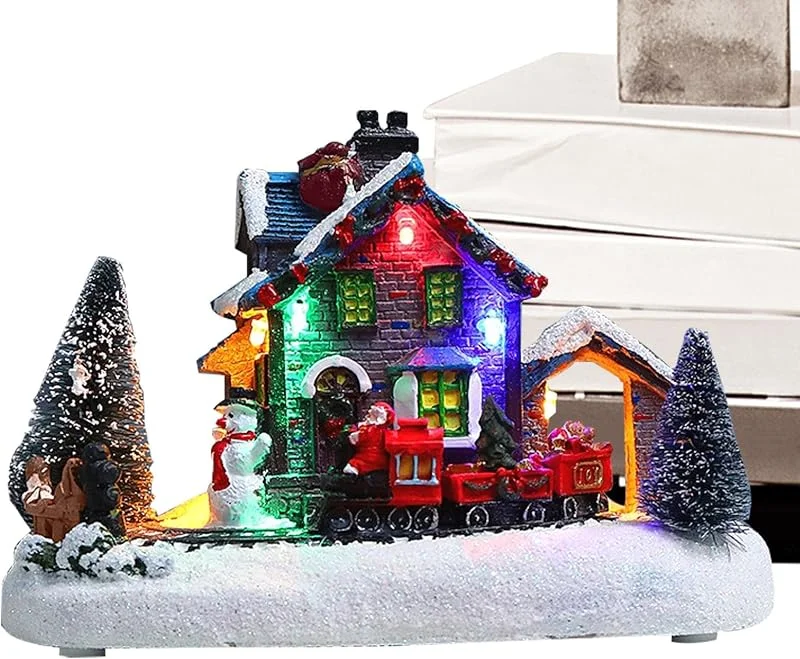 Marke: Dtaigou Weihnachtshaus, Weihnachtsdorf, Harz-LED-beleuchtete Weihnachtshäuser, Weihnachtsmann-Zug-Ornament, Weihnachts-Innendekorationen, Miniatur-Ornament-Sets, Raumdekoration für Tischdekoration — Weihnachtsdeko