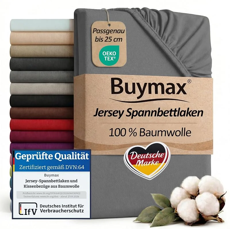 Besuche den Buymax-Store Buymax Spannbettlaken 140x200cm Baumwolle 100% Spannbetttuch Bettlaken Jersey, Matratzenhöhe bis 25 cm, Farbe Anthrazit-Grau ÖKO TEX Standard — Wein und Festtafel