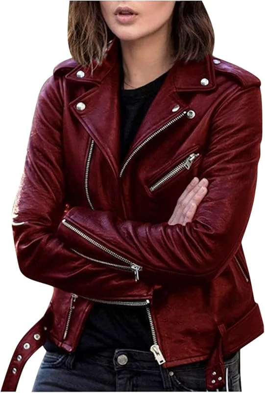 Besuche den Wyongtao-Store Kunstlederjacke Damen Reißverschluss PU Motorradjacke Slim Fit Kurze Motorradjacke Langärmliger Revers Reißverschluss Bikermantel mit Taschen — Heizkleidung