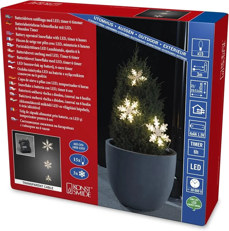 Besuche den Konstsmide-Store Konstsmide LED Lichtervorhang, 3 Acryl Schneeflocken, mit 6h Timer, 15 warm weiße Dioden, batteriebetrieben, Außen (IP44), transparentes Kabel, 4 x AA 1.5V (exkl.) - 6132-103 — Weihnachtsbeleuchtung
