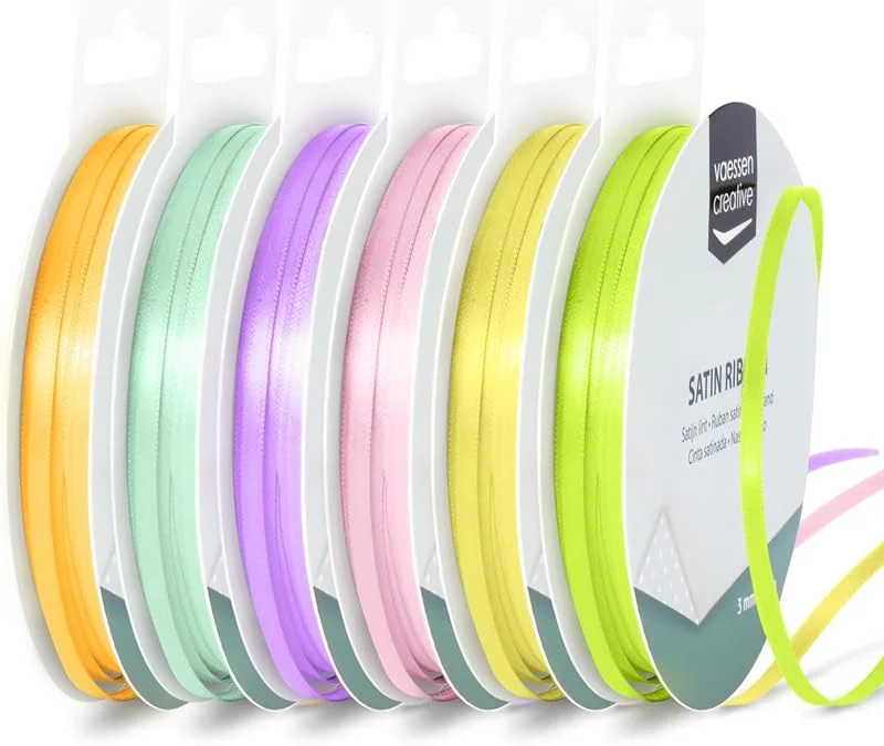 Besuche den Vaessen Creative-Store Vaessen Creative Satinband 3 mm x 10 m - Doppelseitiger Schleifenbänder und Dekoband zum Basteln - Geschenkband und Stoffbänder für Deko und Schateln - Frühling Farben Bunt - 6 Stück — Geschenkverpackung