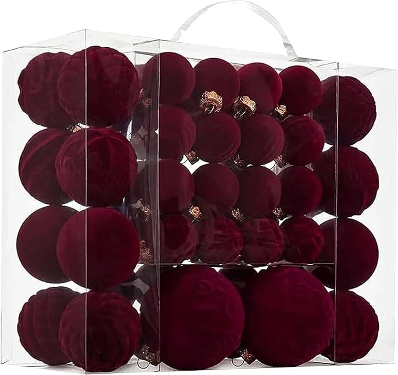Marke: Obelunrp 46 Stück Samt-Weihnachtsornamente, 3 Größen, Vintage, bruchsicher, beflockte Weihnachtskugel-Ornamente für Weihnachtsbaum, Urlaub, Hochzeit, Party, weinrot, Weihnachtsdekorationen