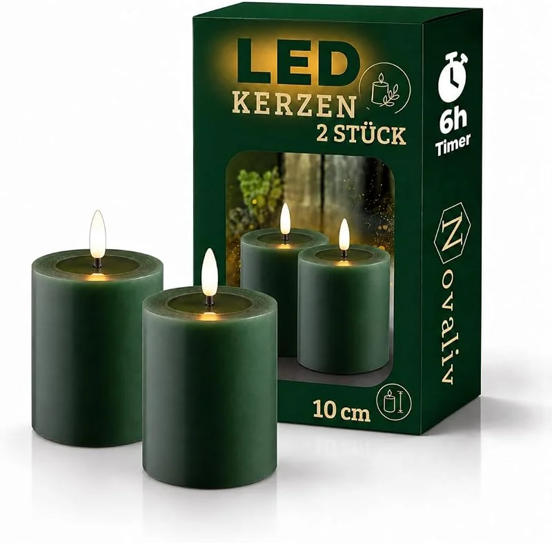 Besuche den Novaliv-Store 2er Set Stumpenkerzen LED grün klein - Echtwachskerze mit beweglicher Flamme flackernd mit Echtwachspiegel - Timerfunktion für 6 Stunden warmweißes Licht 7, 5cm ø 10cm Höhe - 2 AA Batterien nötig — Kerzenlicht Abendessen