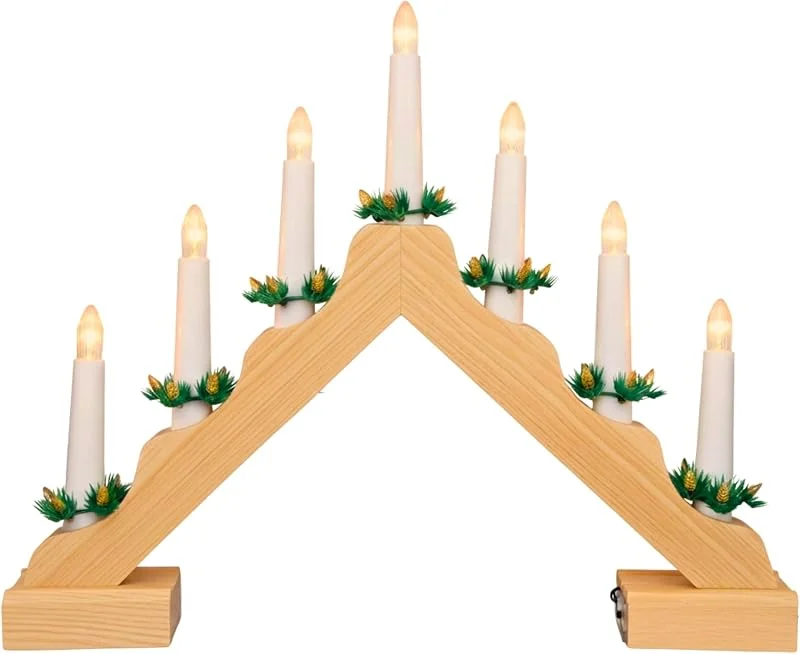 Marke: SHATCHI SHATCHI Traditionelle Kerzenbrücke aus Holz, 7 LEDs, batteriebetrieben, für Fenster, Weihnachtsbaum, Zuhause, Büro, Schreibtisch, Urlaub, Weihnachten, festliche Dekoration — Weihnachtsbeleuchtung