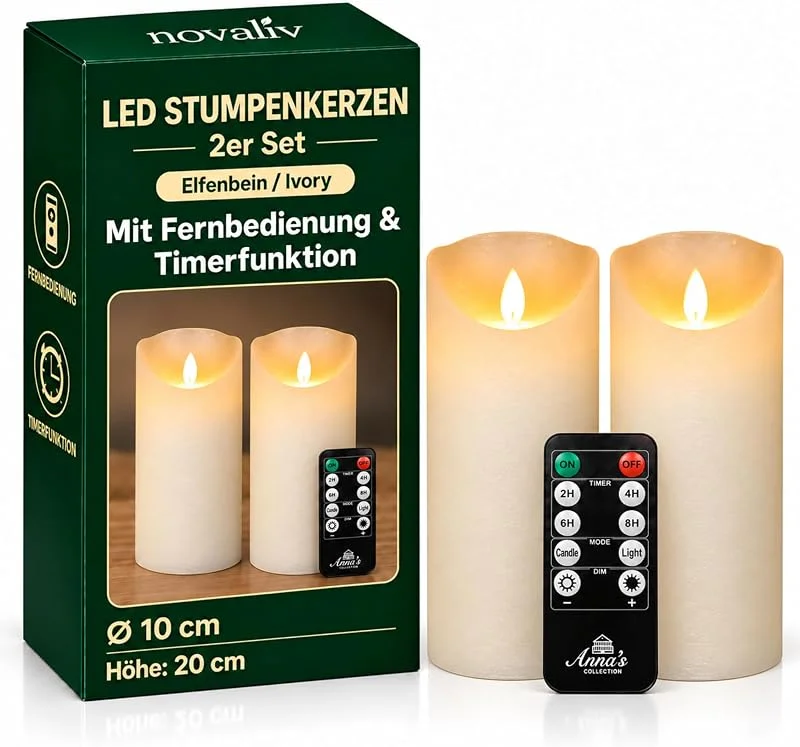 Besuche den Novaliv-Store Novaliv 2x Große LED Stumpenkerze Elfenbein Ivory ø 10cm x 20cm Höhe je 2 C Batterien nötig LED Kerze mit Flackereffekt und Timer flammenlose Stumpenkerze - LED Kerze groß Weihnachtsbeleuchtung — Kerzenlicht Abendessen